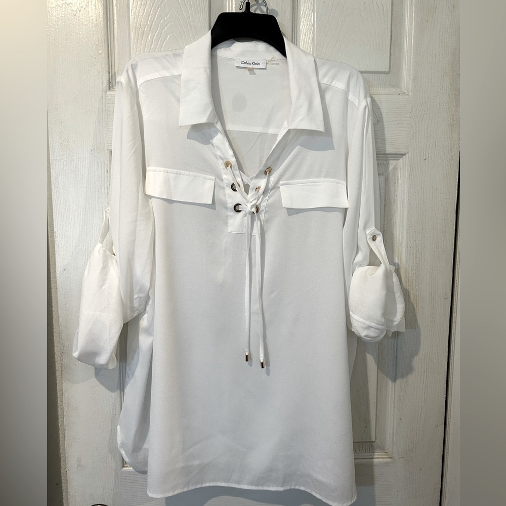 NWOT Calvin Klein White Blouse with a Lace up Tie W/Calvin Klein Grommets